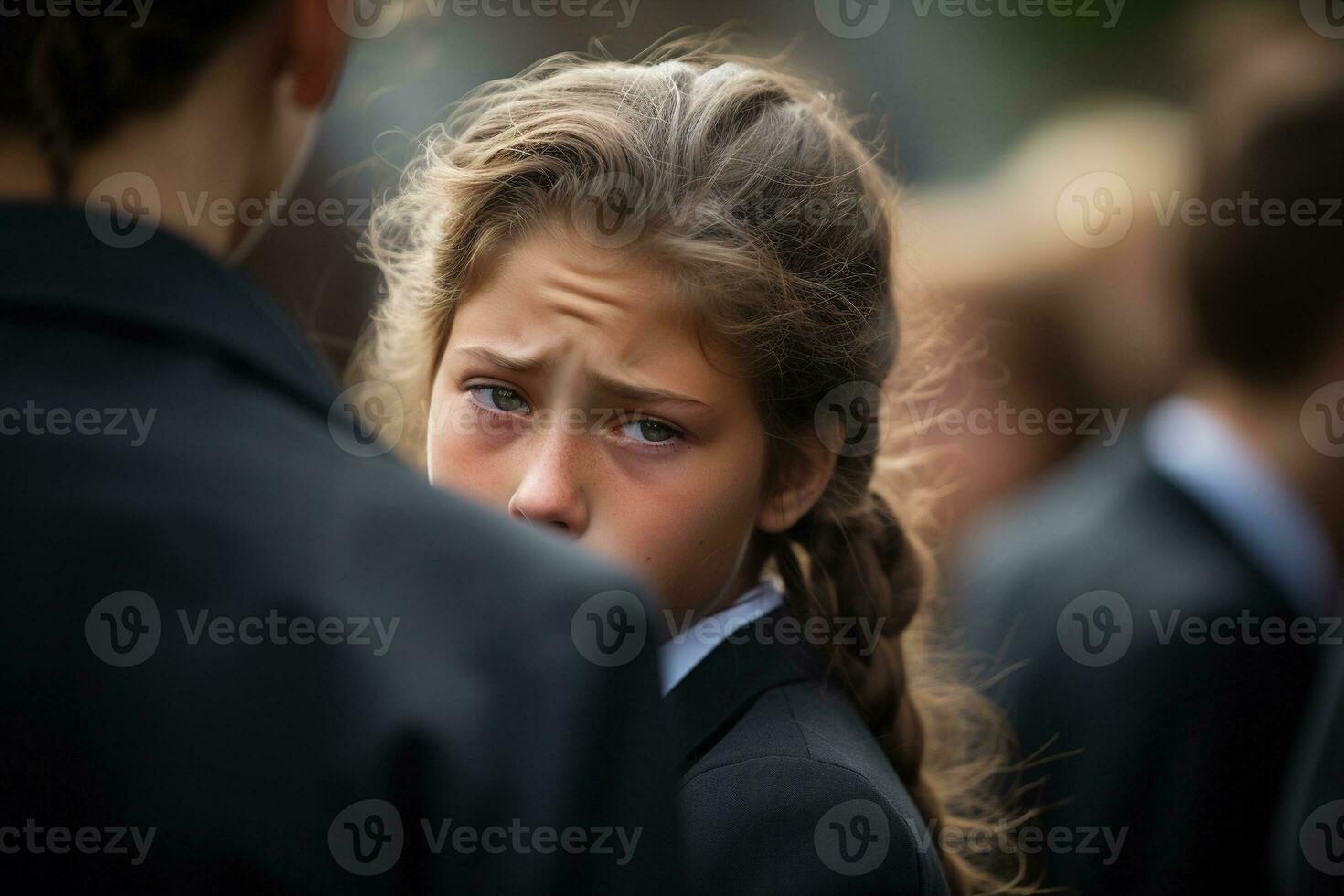 Portrait of a sad little girl on the background of the crowd.Funeral concept AI generated photo