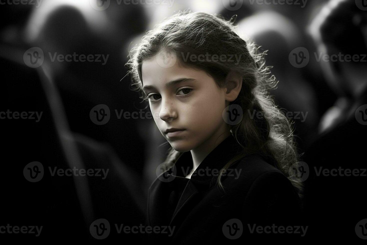 Portrait of a sad little girl on the background of the crowd.Funeral concept AI generated photo