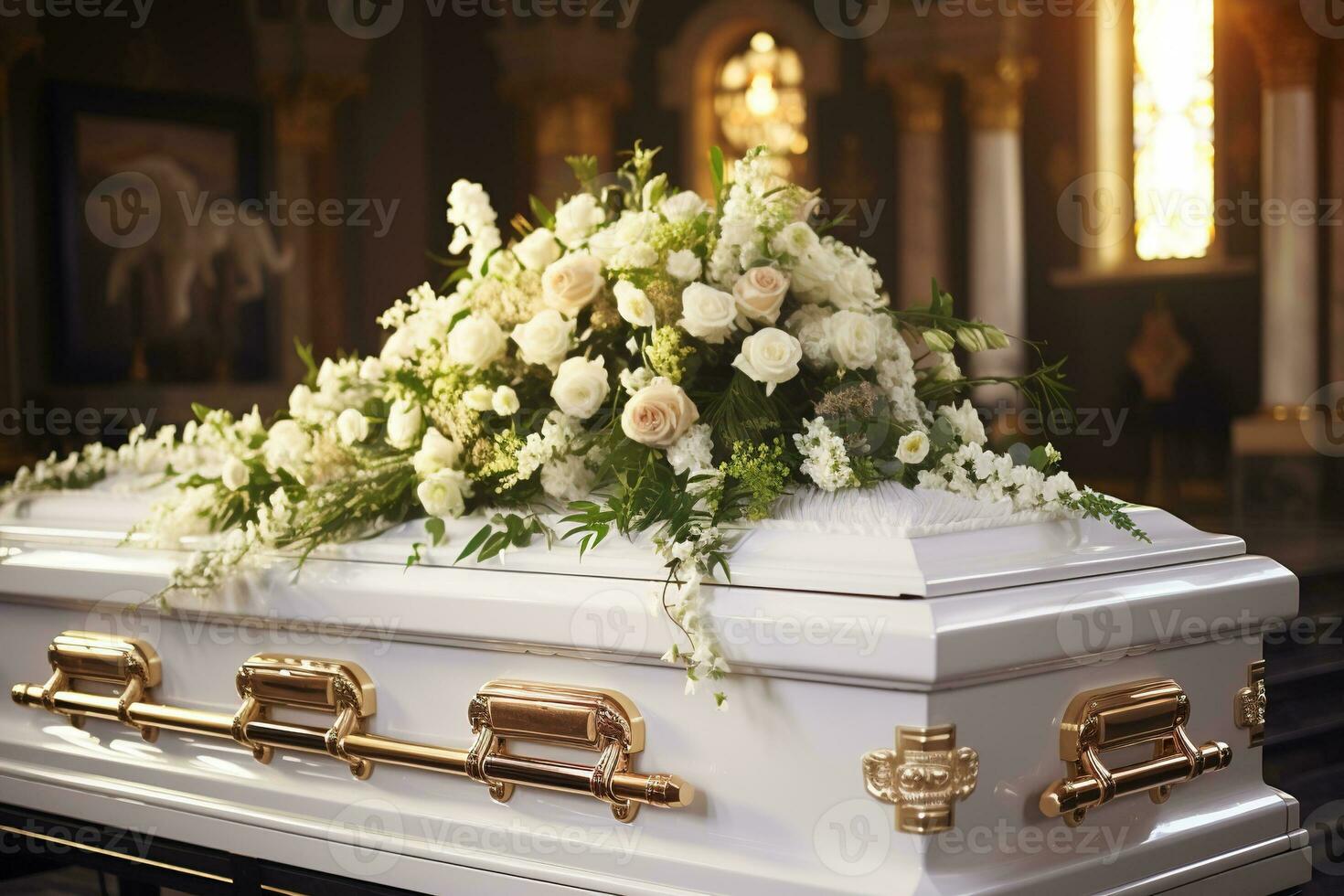 closeup shot of a colorful casket in a hearse or chapel before funeral or burial at cemetery AI generated photo