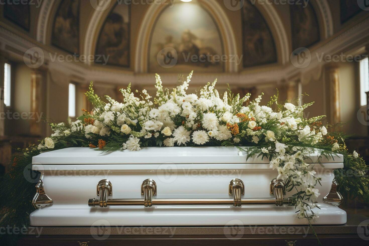 closeup shot of a colorful casket in a hearse or chapel before funeral or burial at cemetery AI generated photo