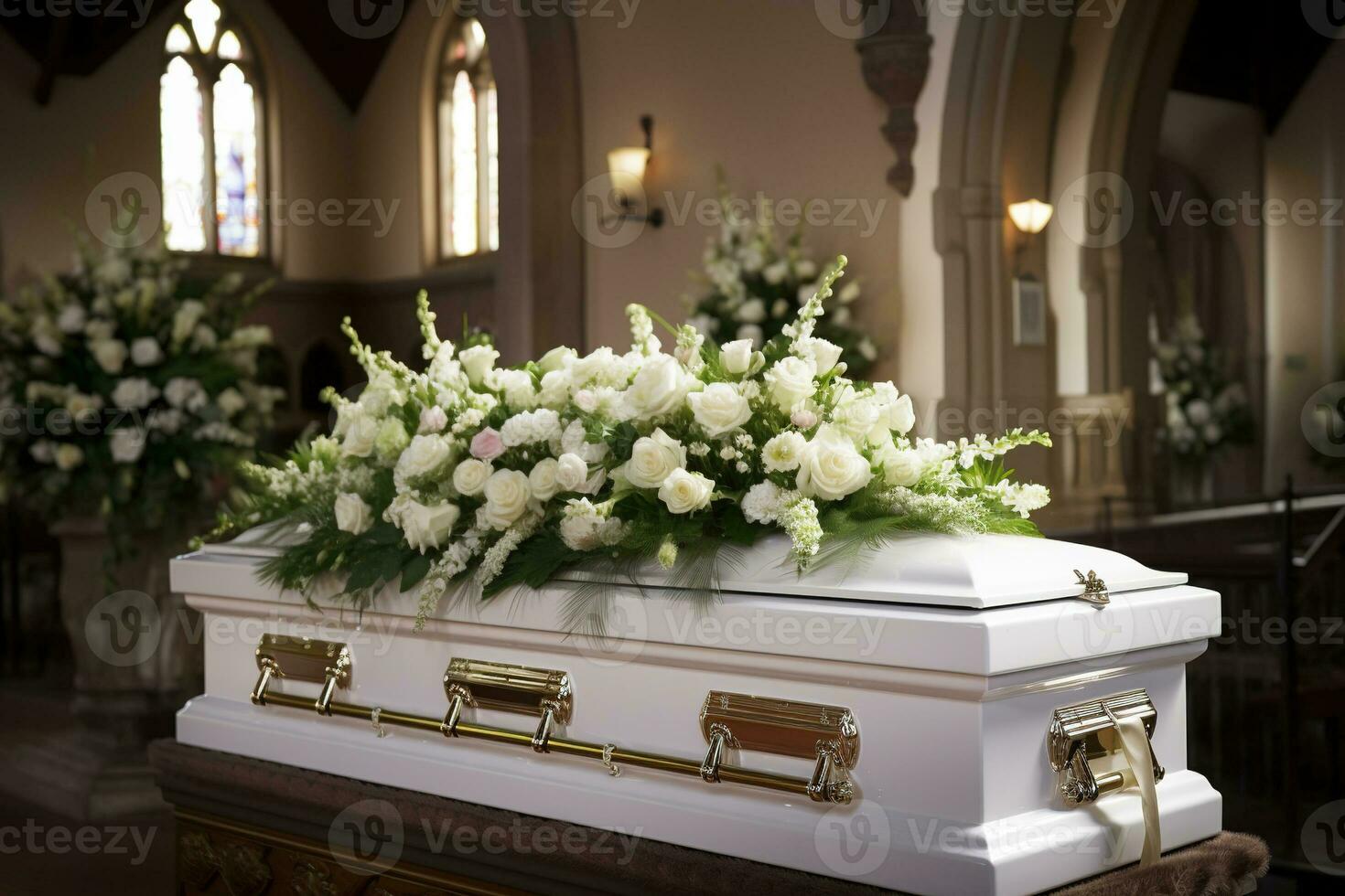 closeup shot of a colorful casket in a hearse or chapel before funeral or burial at cemetery AI generated photo
