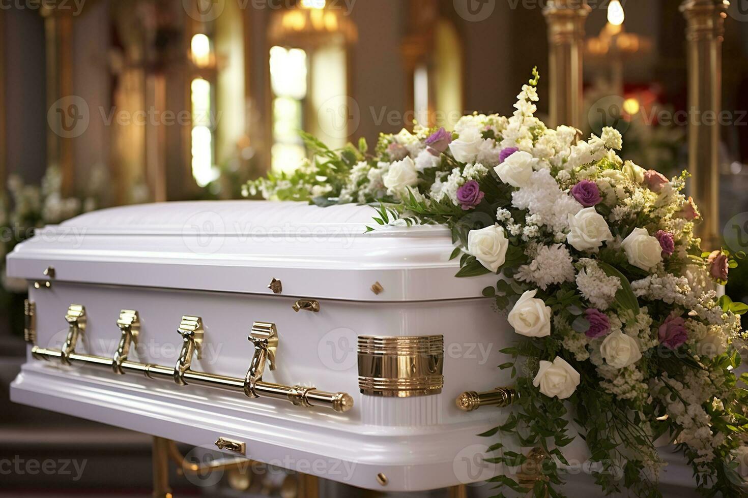 closeup shot of a colorful casket in a hearse or chapel before funeral or burial at cemetery AI generated photo