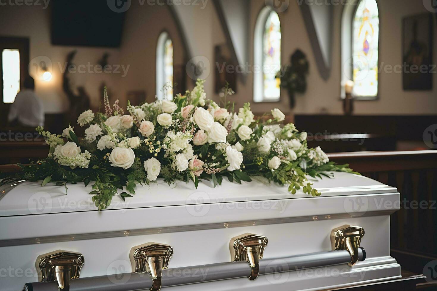 closeup shot of a colorful casket in a hearse or chapel before funeral or burial at cemetery AI generated photo