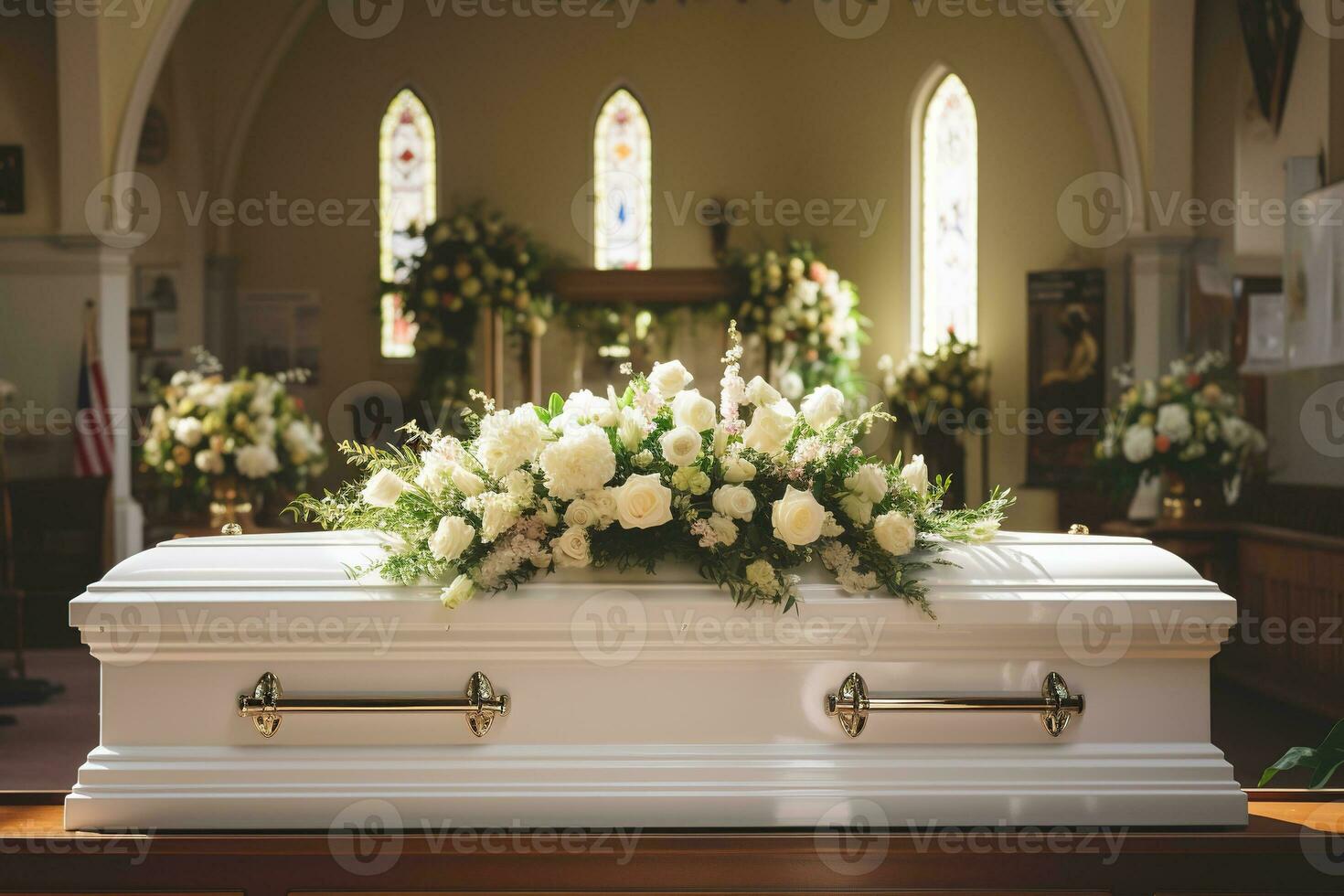 closeup shot of a colorful casket in a hearse or chapel before funeral or burial at cemetery AI generated photo