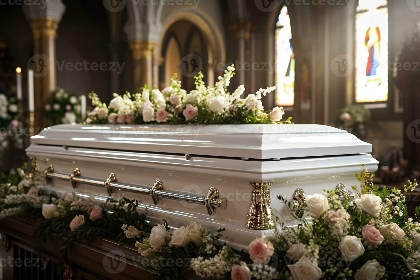 closeup shot of a colorful casket in a hearse or chapel before funeral or burial at cemetery AI generated photo