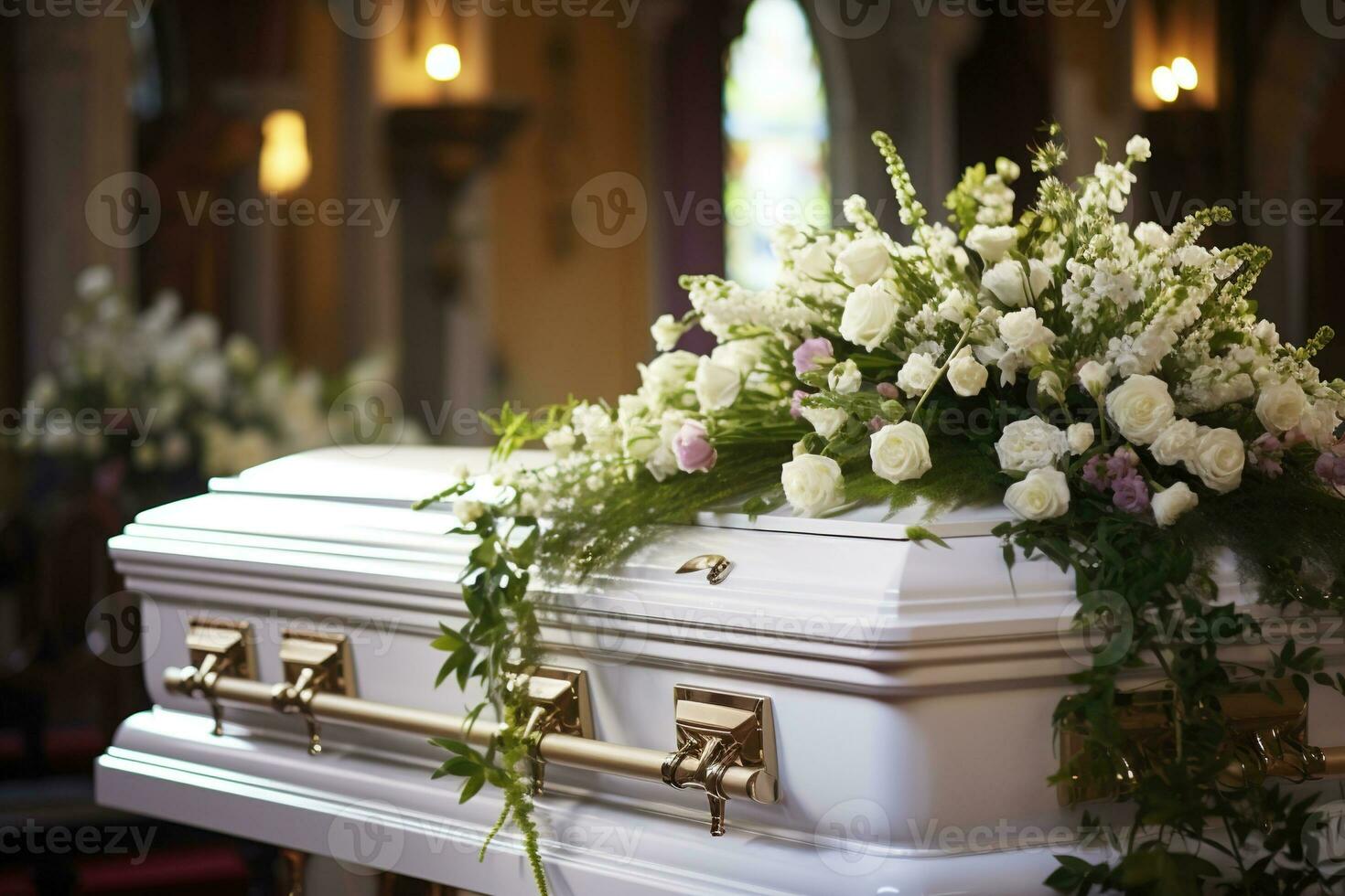 closeup shot of a colorful casket in a hearse or chapel before funeral or burial at cemetery AI generated photo