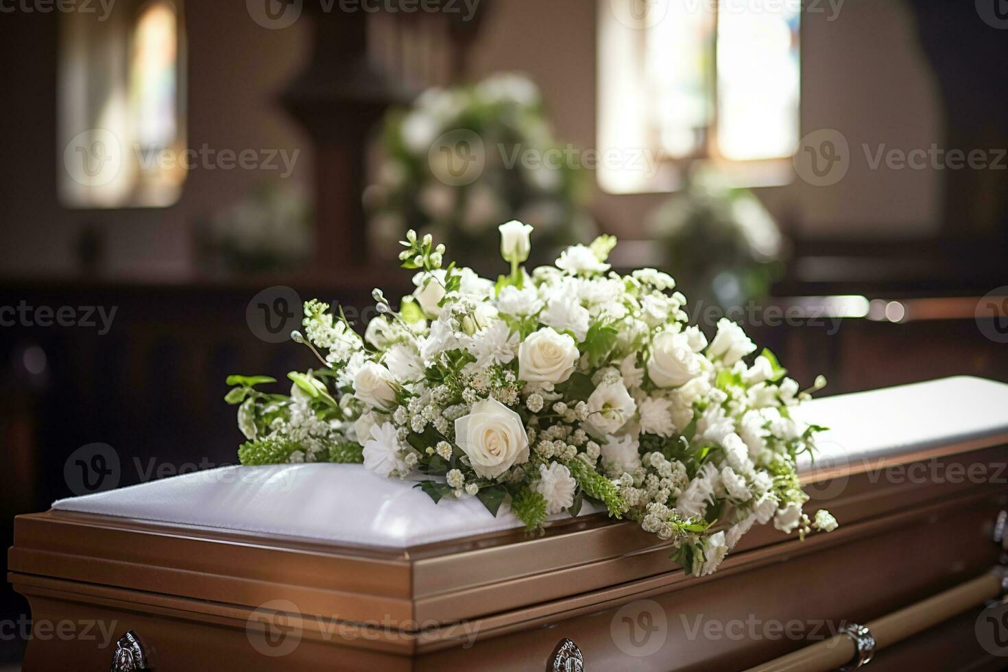closeup shot of a colorful casket in a hearse or chapel before funeral or burial at cemetery AI generated photo