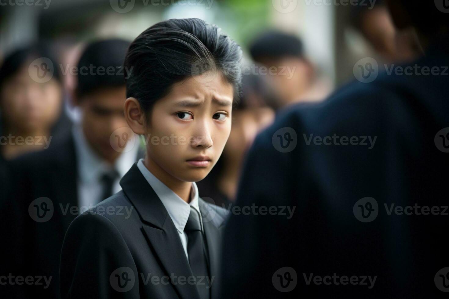 retrato de pequeño asiático chico con triste expresion.funeral concepto ai generado foto