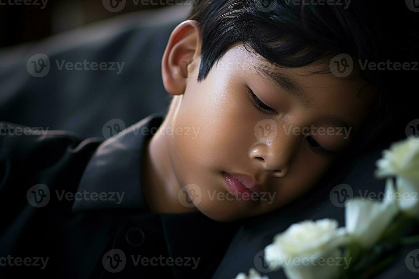 Portrait of little asian boy with sad expression.Funeral concept AI generated photo