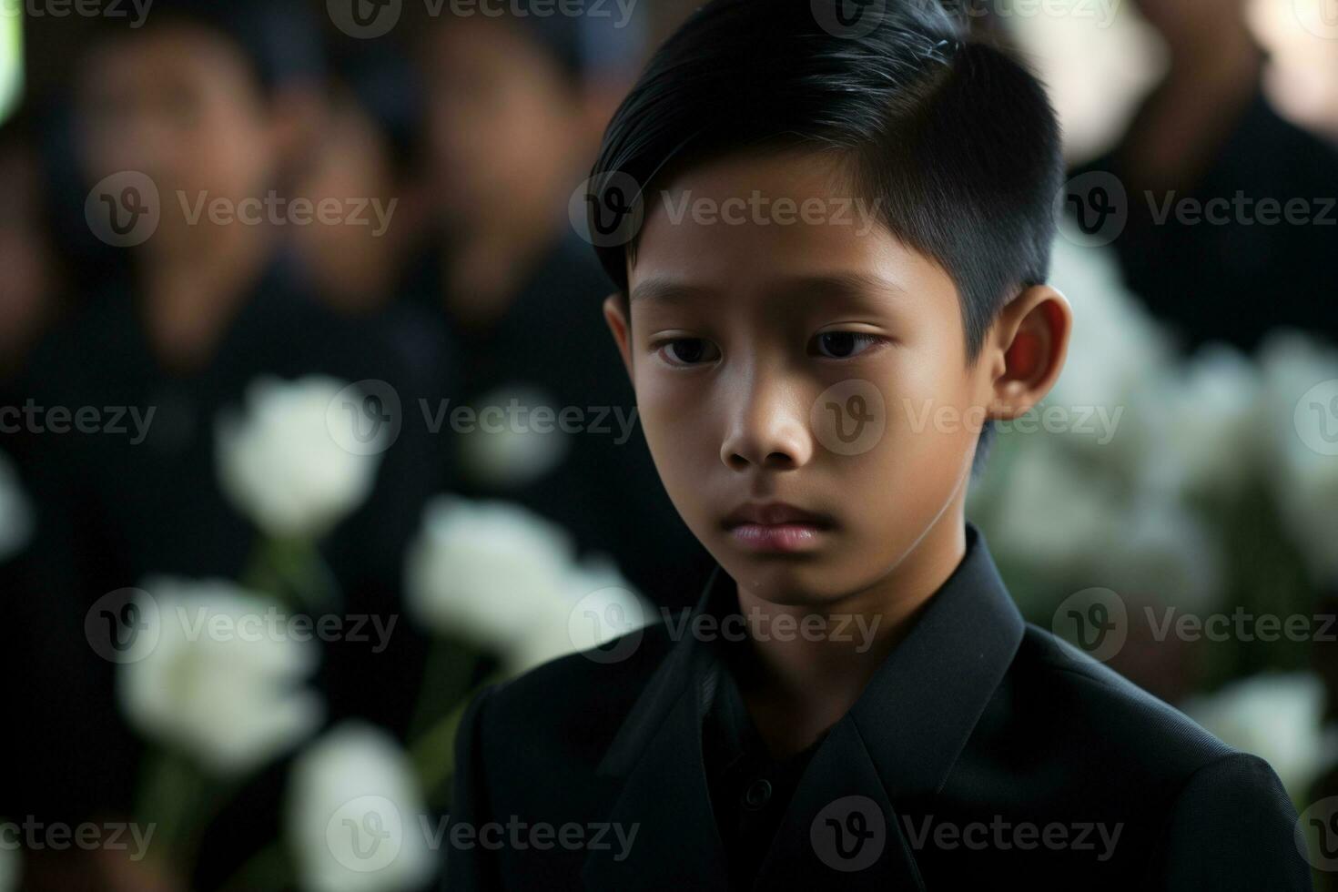 Portrait of little asian boy with sad expression.Funeral concept AI generated photo