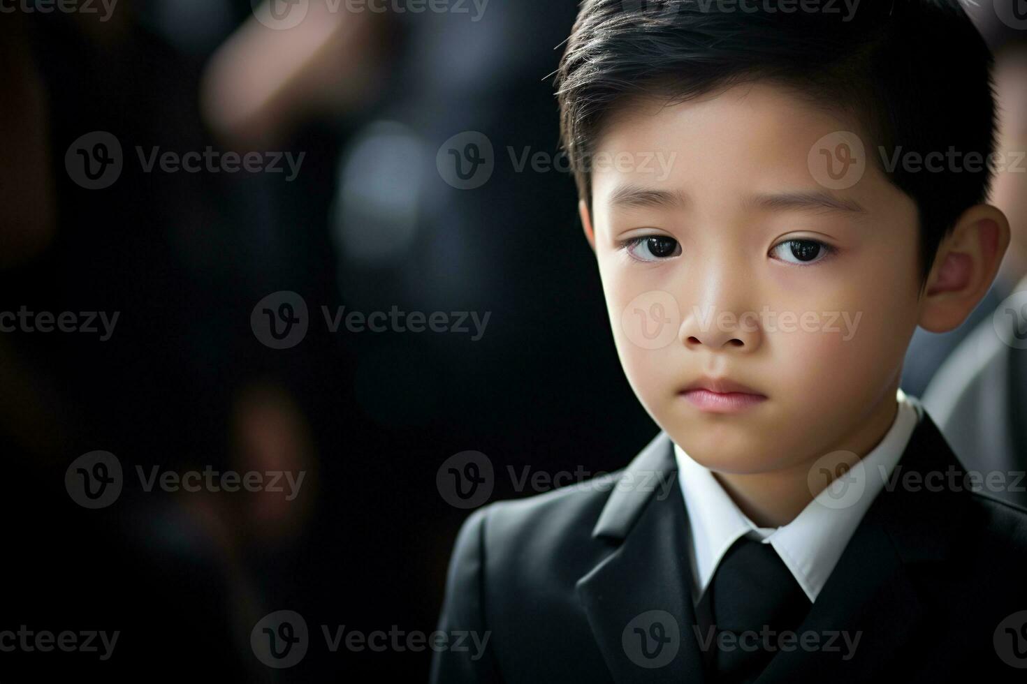 Portrait of little asian boy with sad expression.Funeral concept AI generated photo