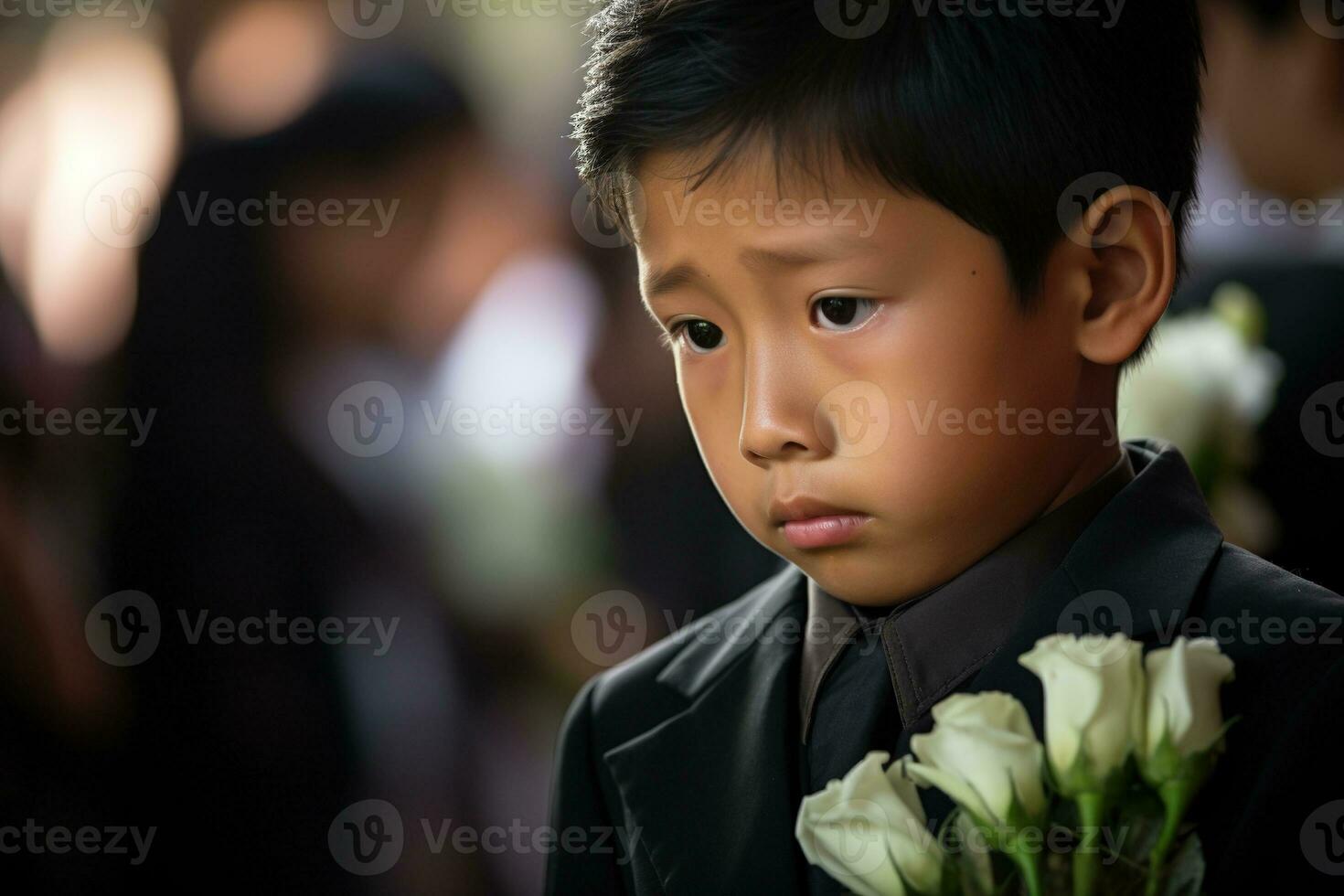 Portrait of little asian boy with sad expression.Funeral concept AI generated photo