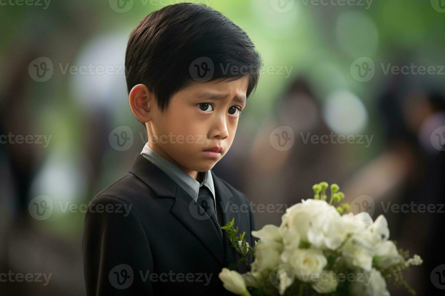 Portrait of little asian boy with sad expression.Funeral concept AI generated photo