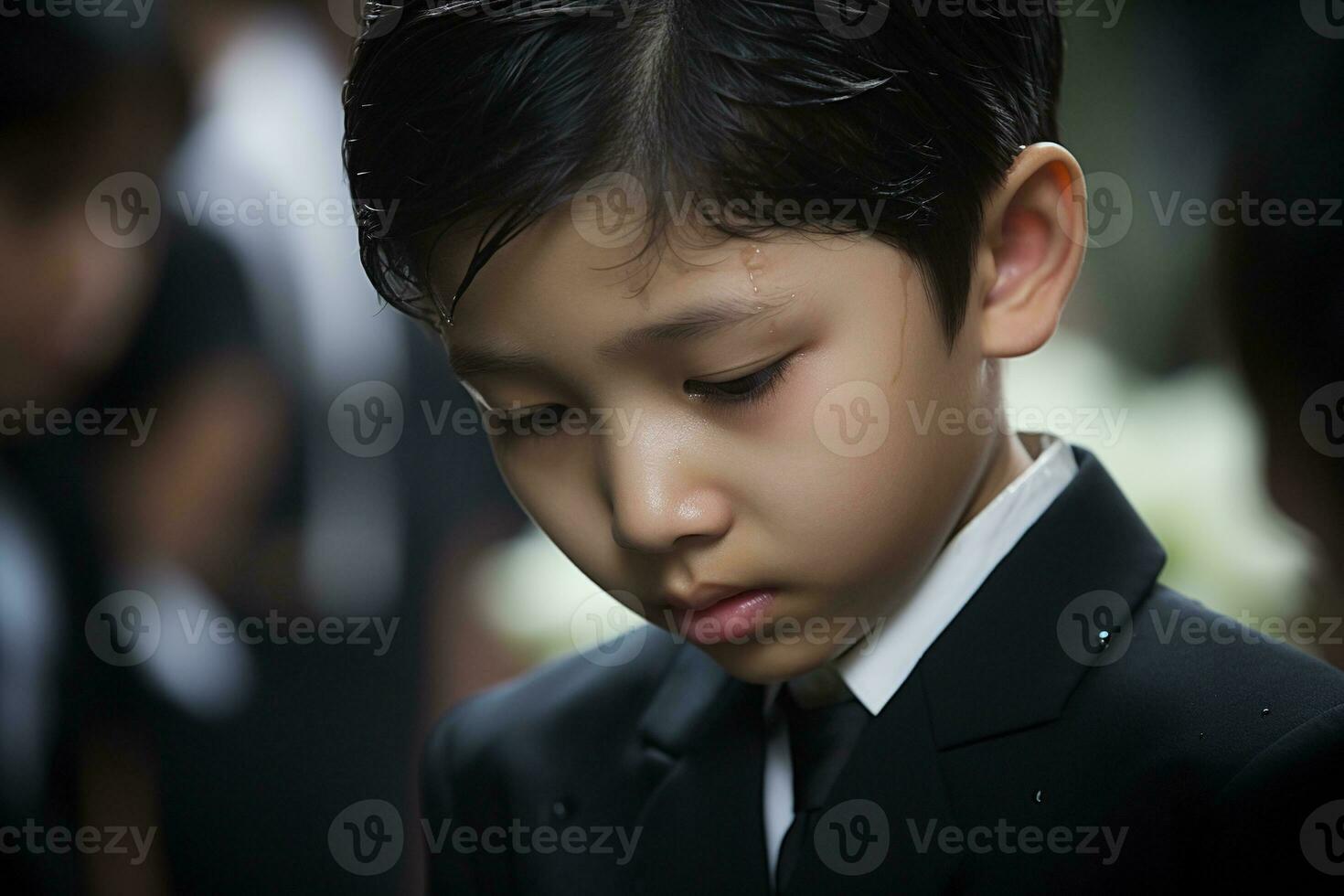 Portrait of little asian boy with sad expression.Funeral concept AI generated photo