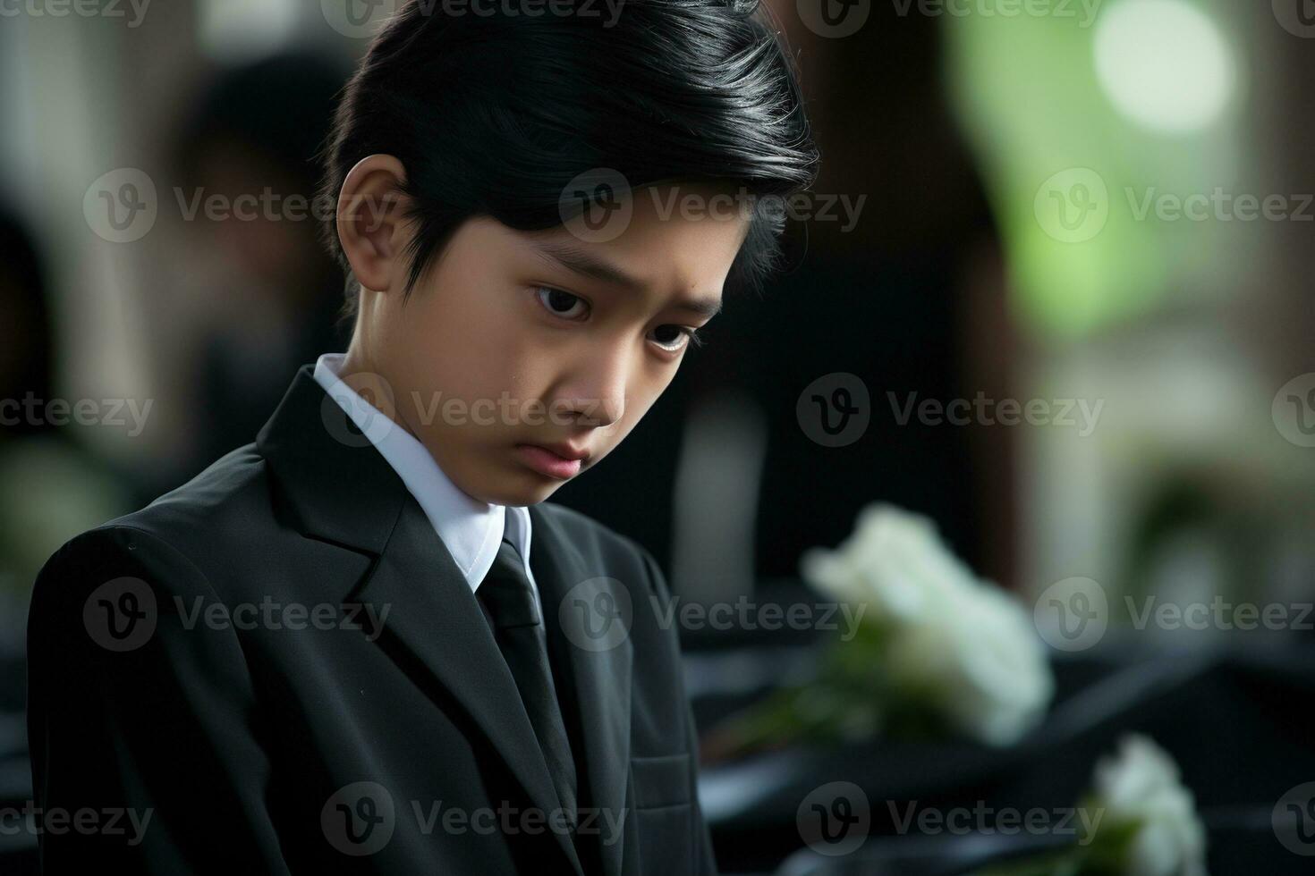 Portrait of little asian boy with sad expression.Funeral concept AI generated photo