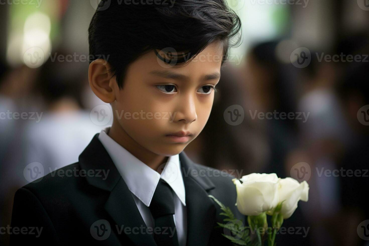 Portrait of little asian boy with sad expression.Funeral concept AI generated photo