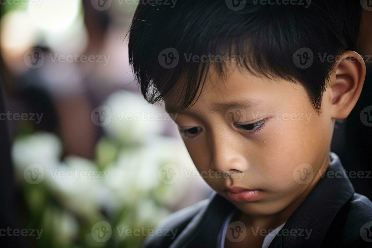 Portrait of little asian boy with sad expression.Funeral concept AI generated photo