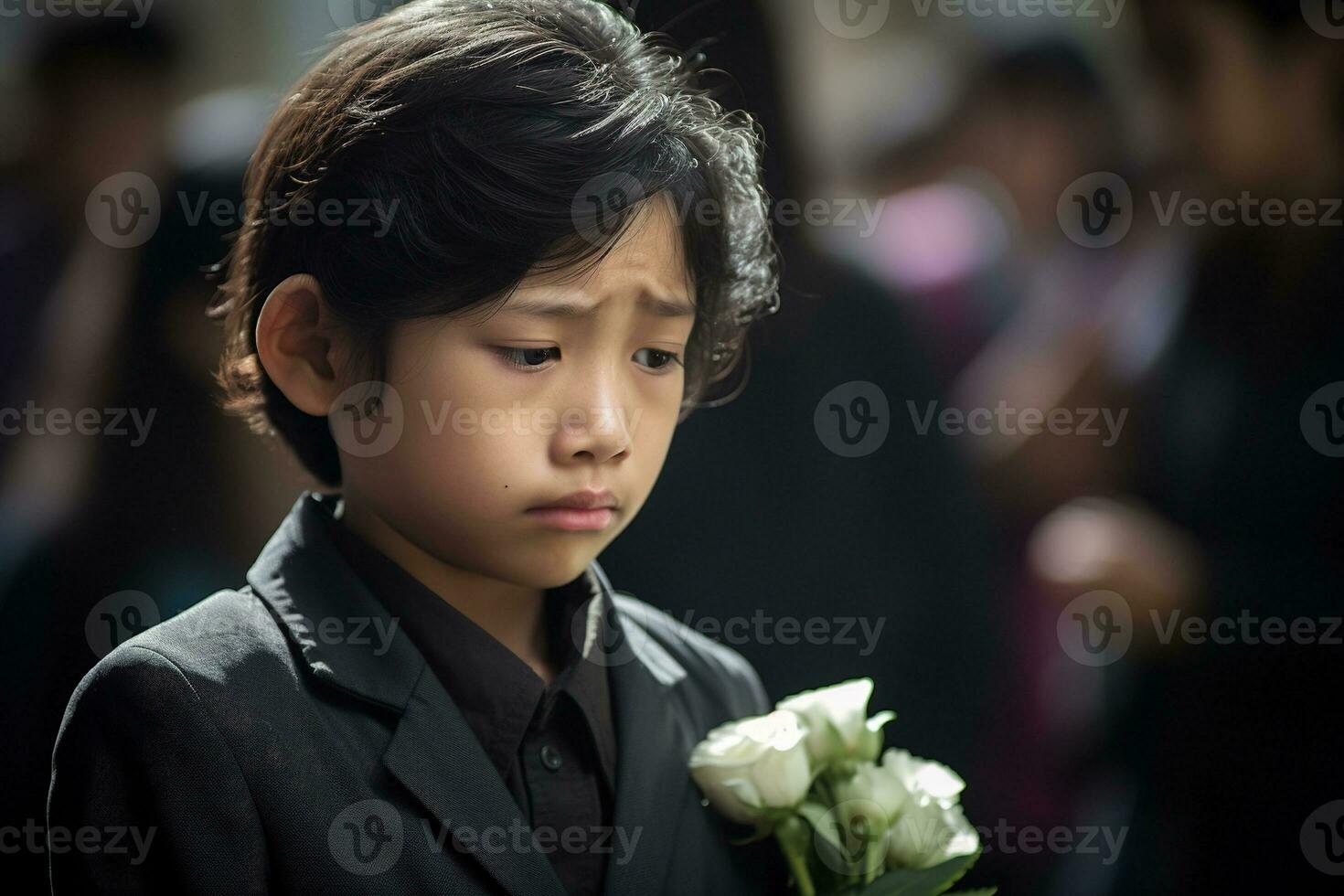 Portrait of little asian boy with sad expression.Funeral concept AI generated photo