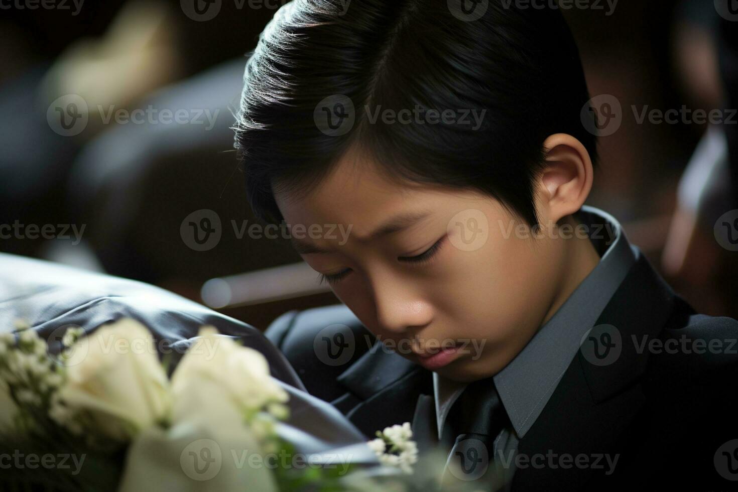 Portrait of little asian boy with sad expression.Funeral concept AI generated photo