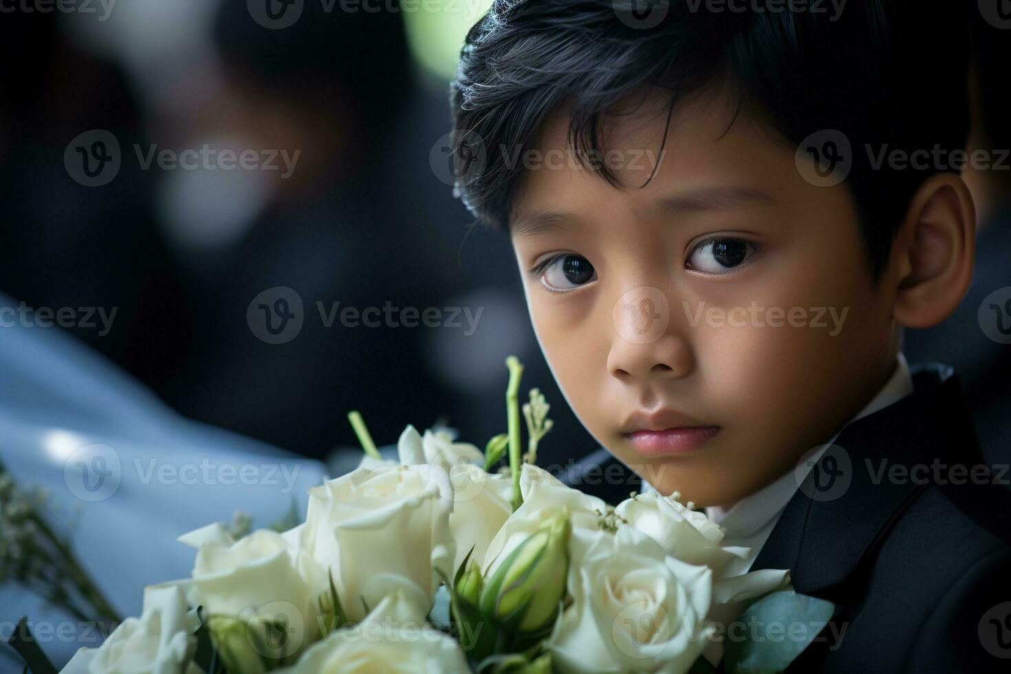 Portrait of little asian boy with sad expression.Funeral concept AI generated photo