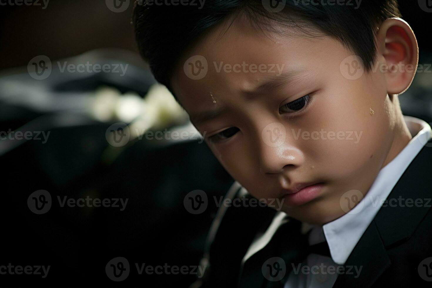 Portrait of little asian boy with sad expression.Funeral concept AI generated photo