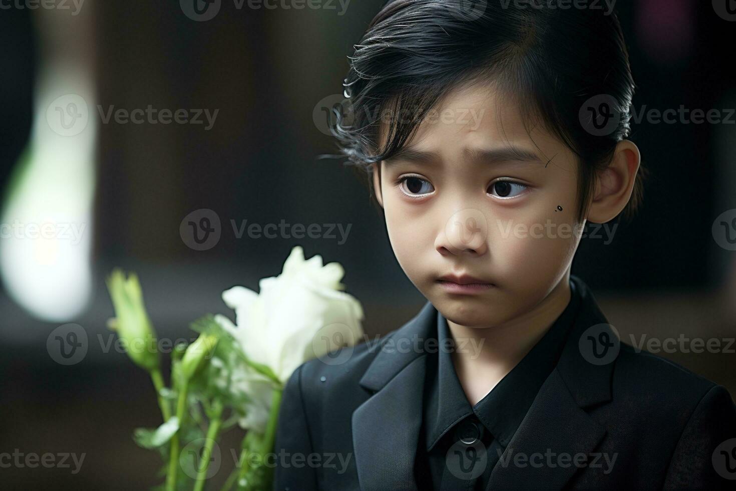 retrato de pequeño asiático chico con triste expresion.funeral concepto ai generado foto