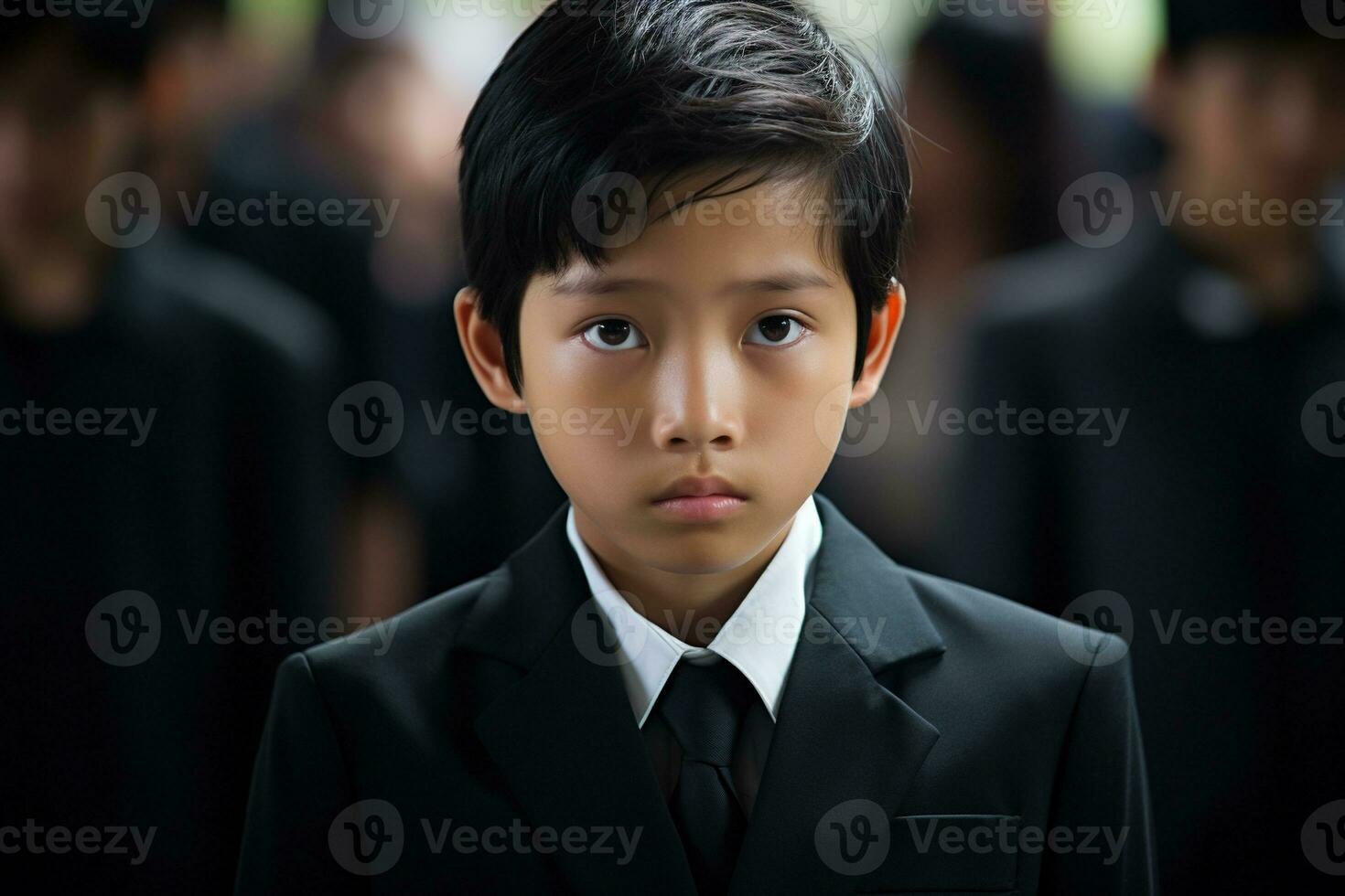 retrato de pequeño asiático chico con triste expresion.funeral concepto ai generado foto