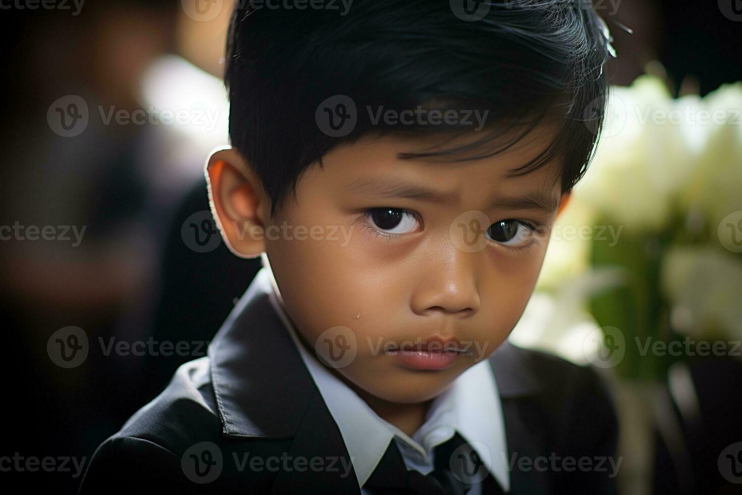 Portrait of little asian boy with sad expression.Funeral concept AI generated photo