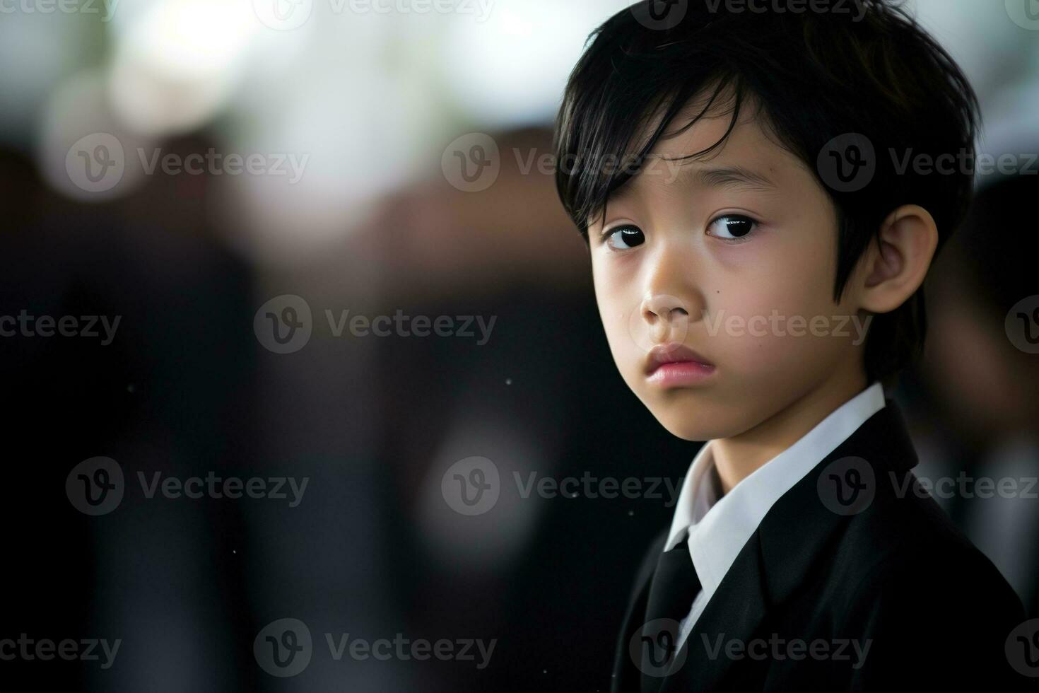Portrait of little asian boy with sad expression.Funeral concept AI generated photo