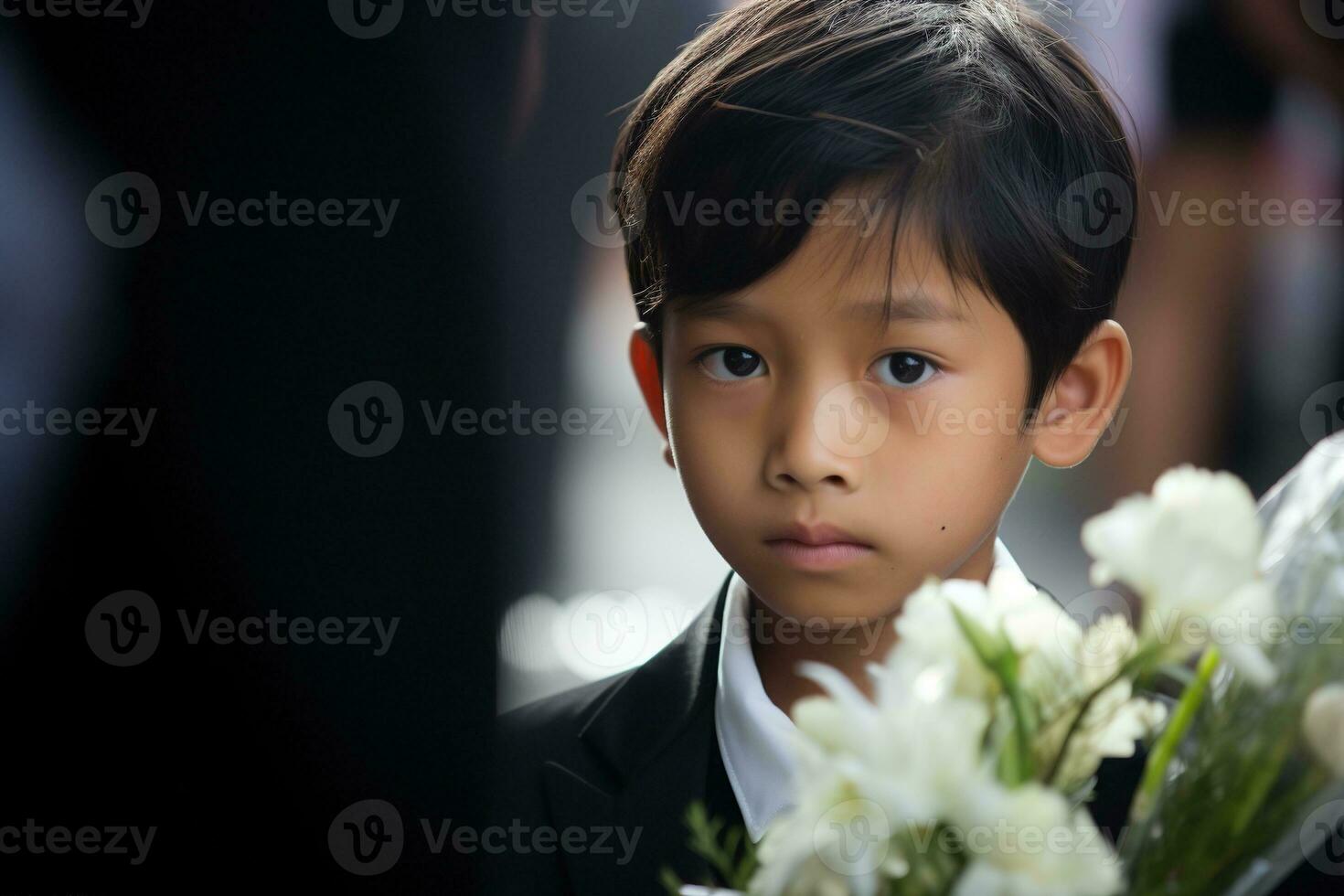 retrato de pequeño asiático chico con triste expresion.funeral concepto ai generado foto