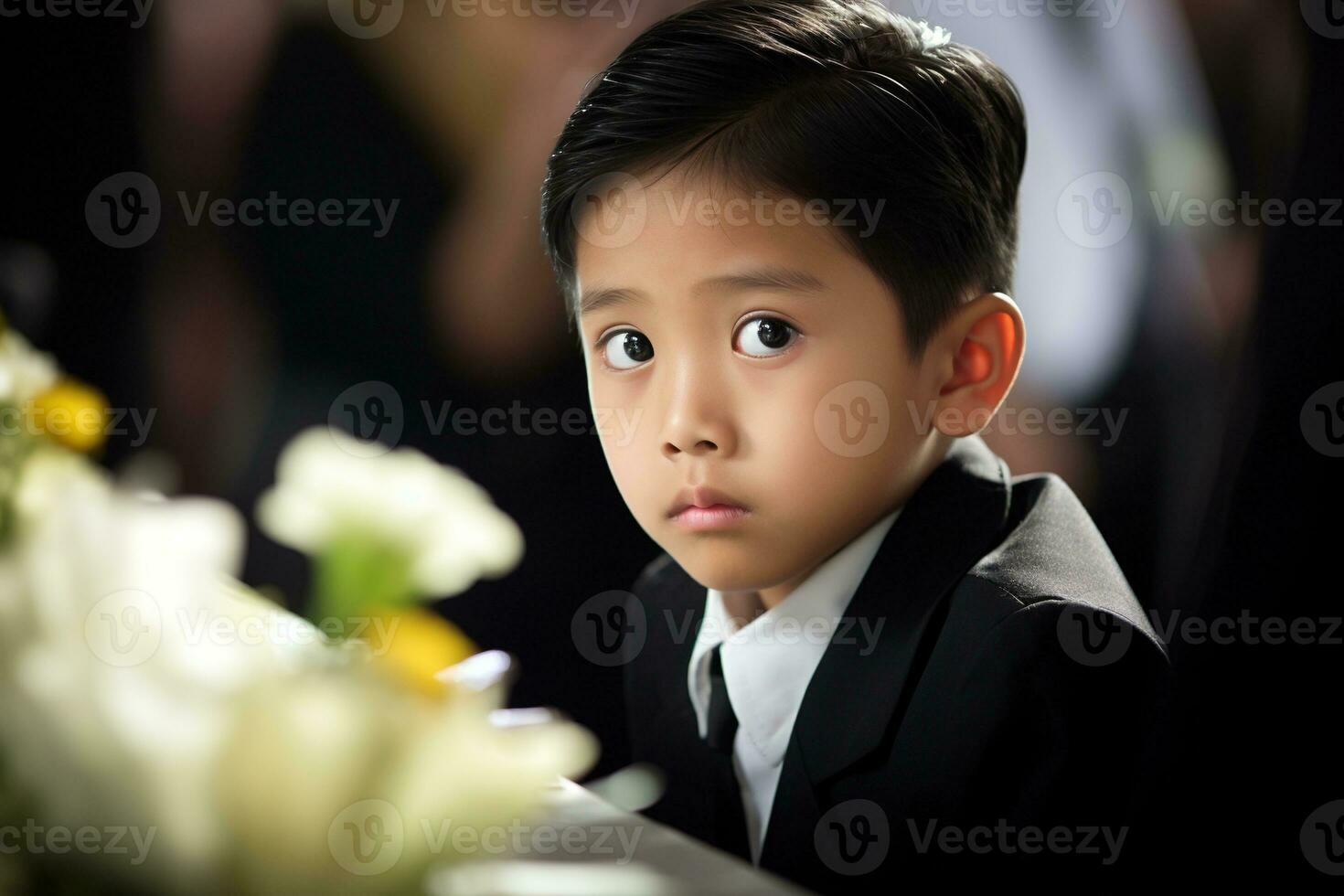 Portrait of little asian boy with sad expression.Funeral concept AI generated photo