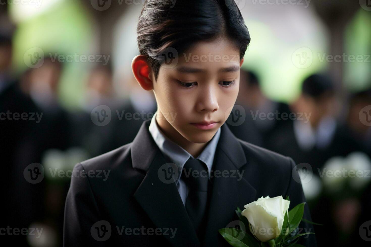 Portrait of little asian boy with sad expression.Funeral concept AI generated photo