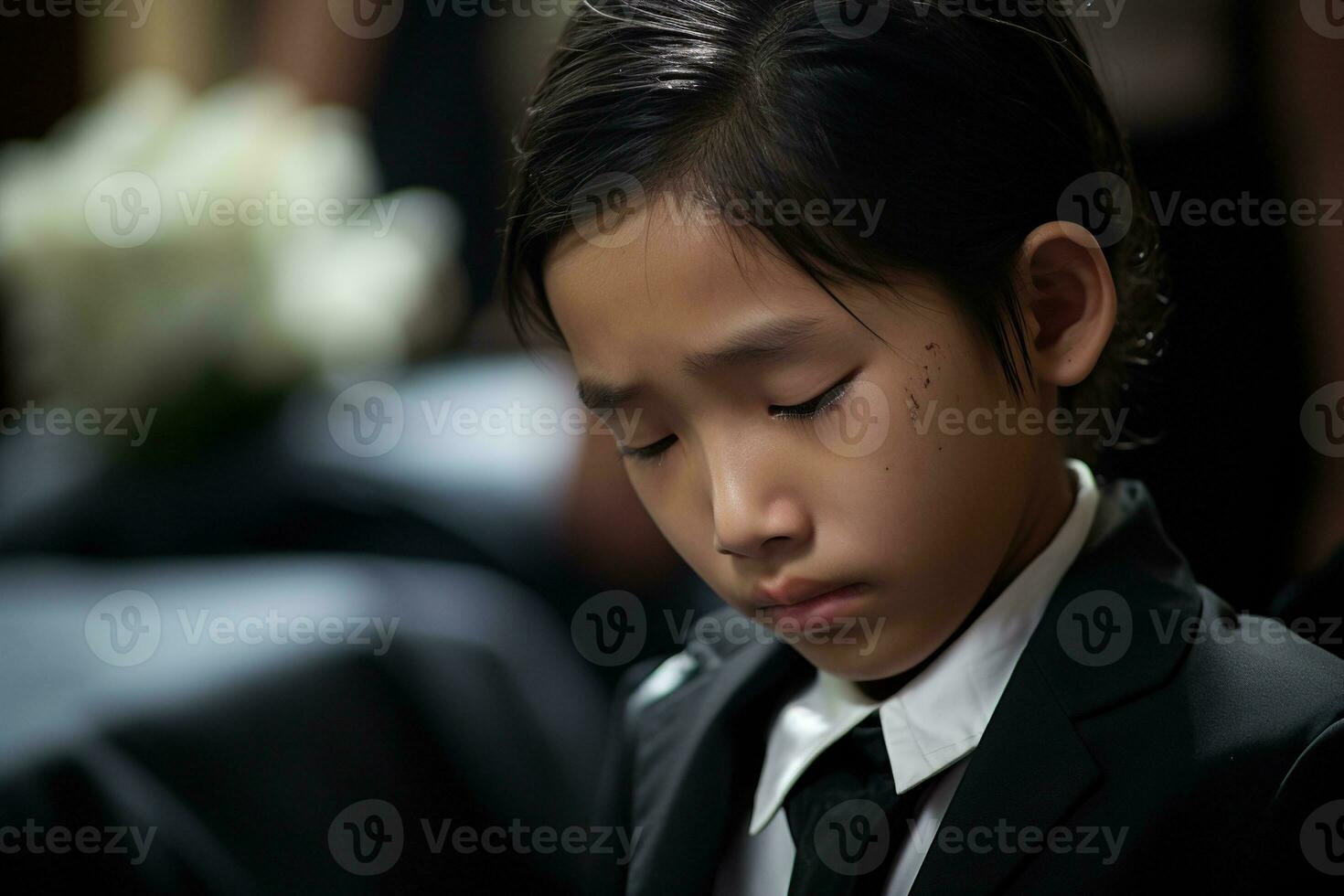 Portrait of little asian boy with sad expression.Funeral concept AI generated photo