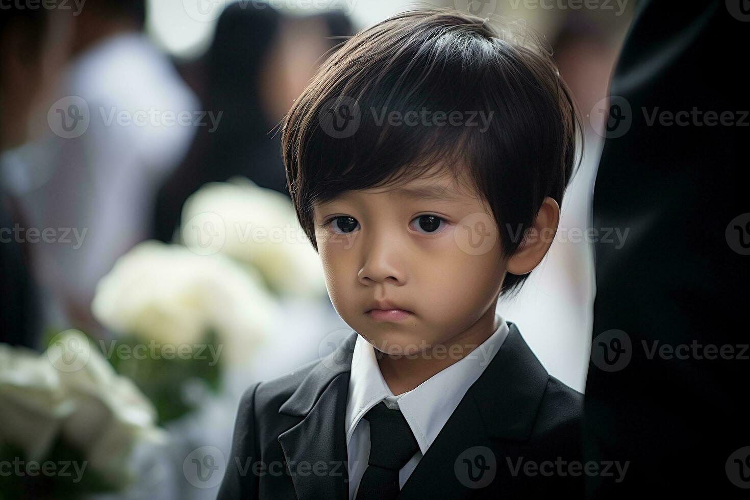 Portrait of little asian boy with sad expression.Funeral concept AI generated photo