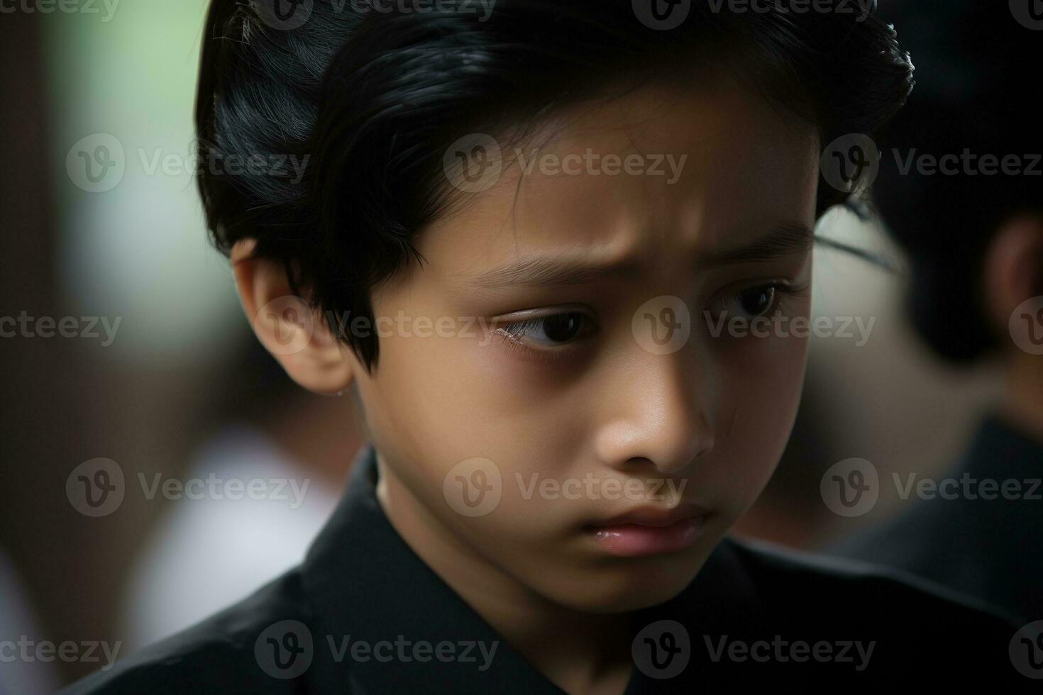 Portrait of little asian boy with sad expression.Funeral concept AI generated photo