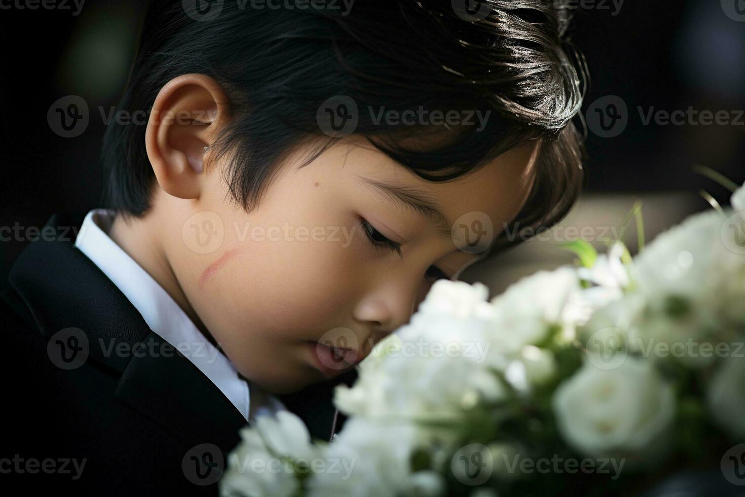 Portrait of little asian boy with sad expression.Funeral concept AI generated photo