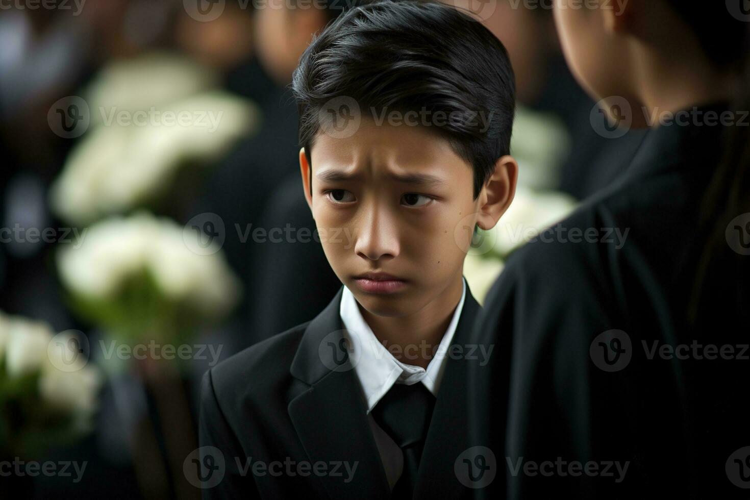 Portrait of little asian boy with sad expression.Funeral concept AI generated photo