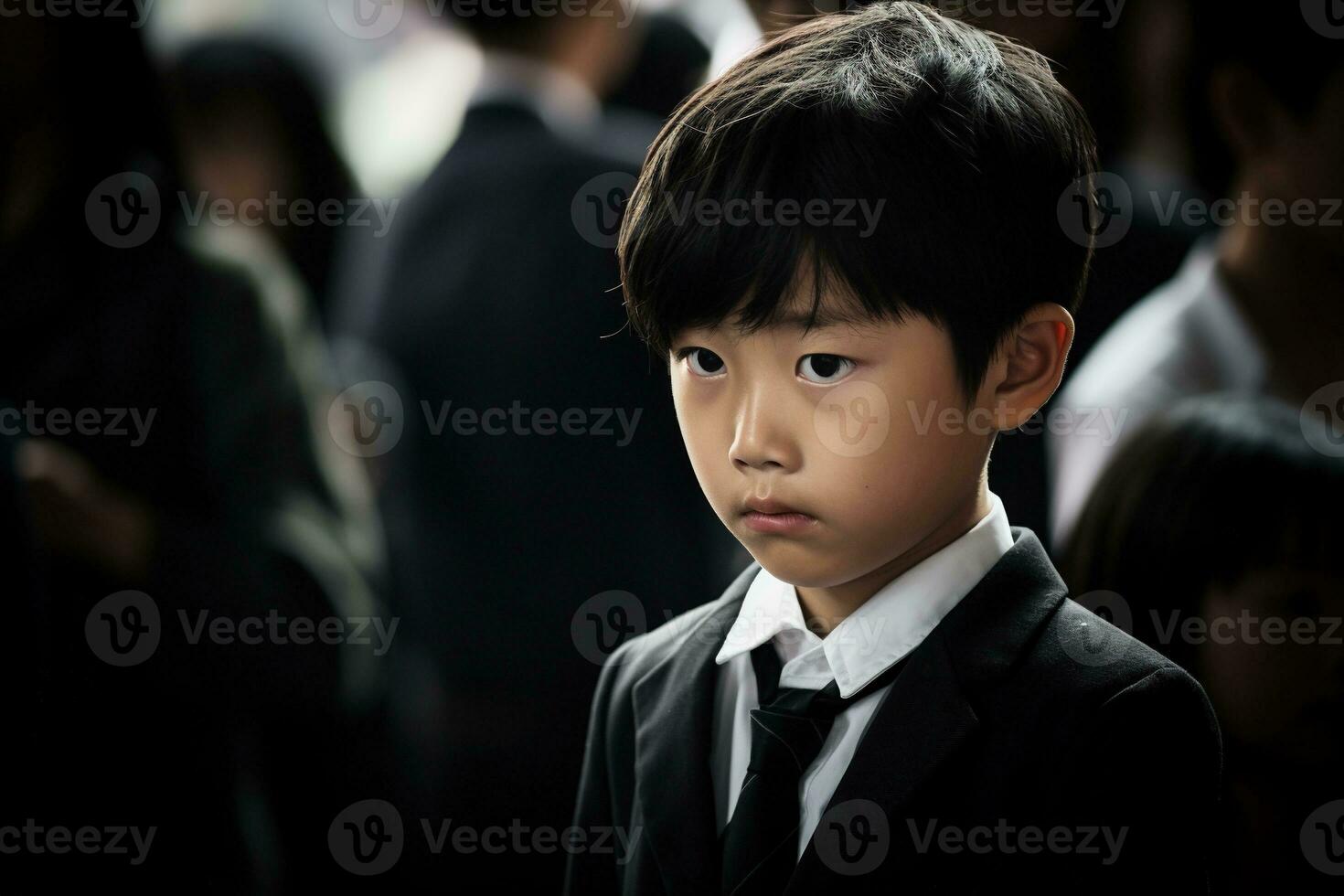 retrato de pequeño asiático chico con triste expresion.funeral concepto ai generado foto