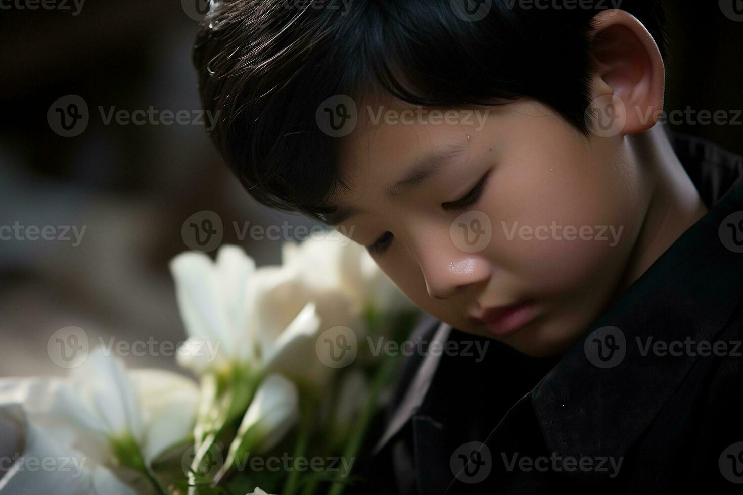 Portrait of little asian boy with sad expression.Funeral concept AI generated photo