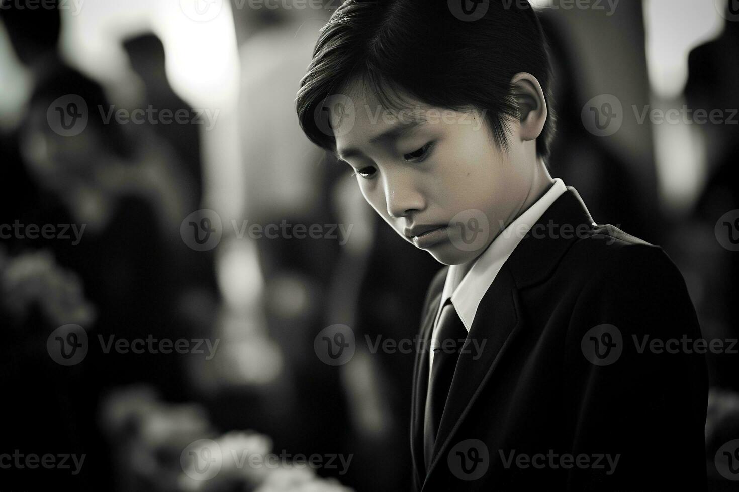 Portrait of little asian boy with sad expression.Funeral concept AI generated photo