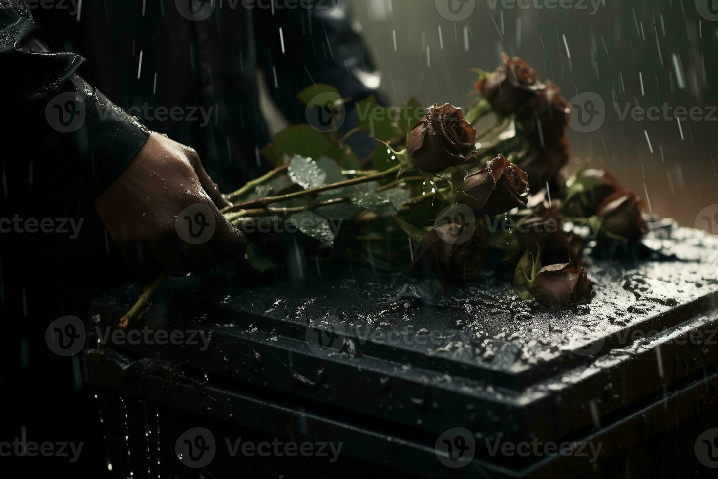 closeup of a funeral casket at a cemetery with flowers in the rain,hand on the grave in the rain with dark background and rose AI generated photo