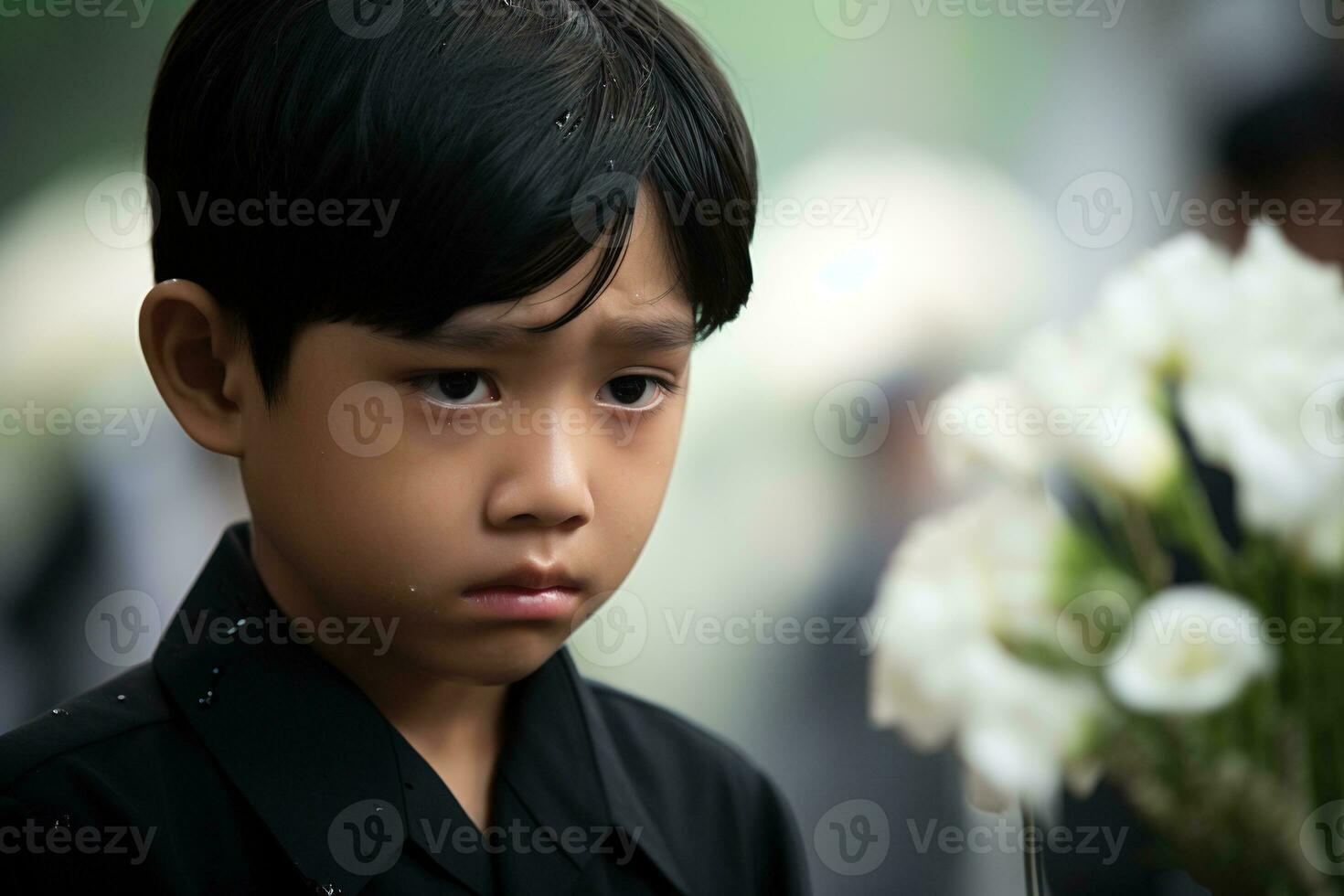 retrato de pequeño asiático chico con triste expresion.funeral concepto ai generado foto