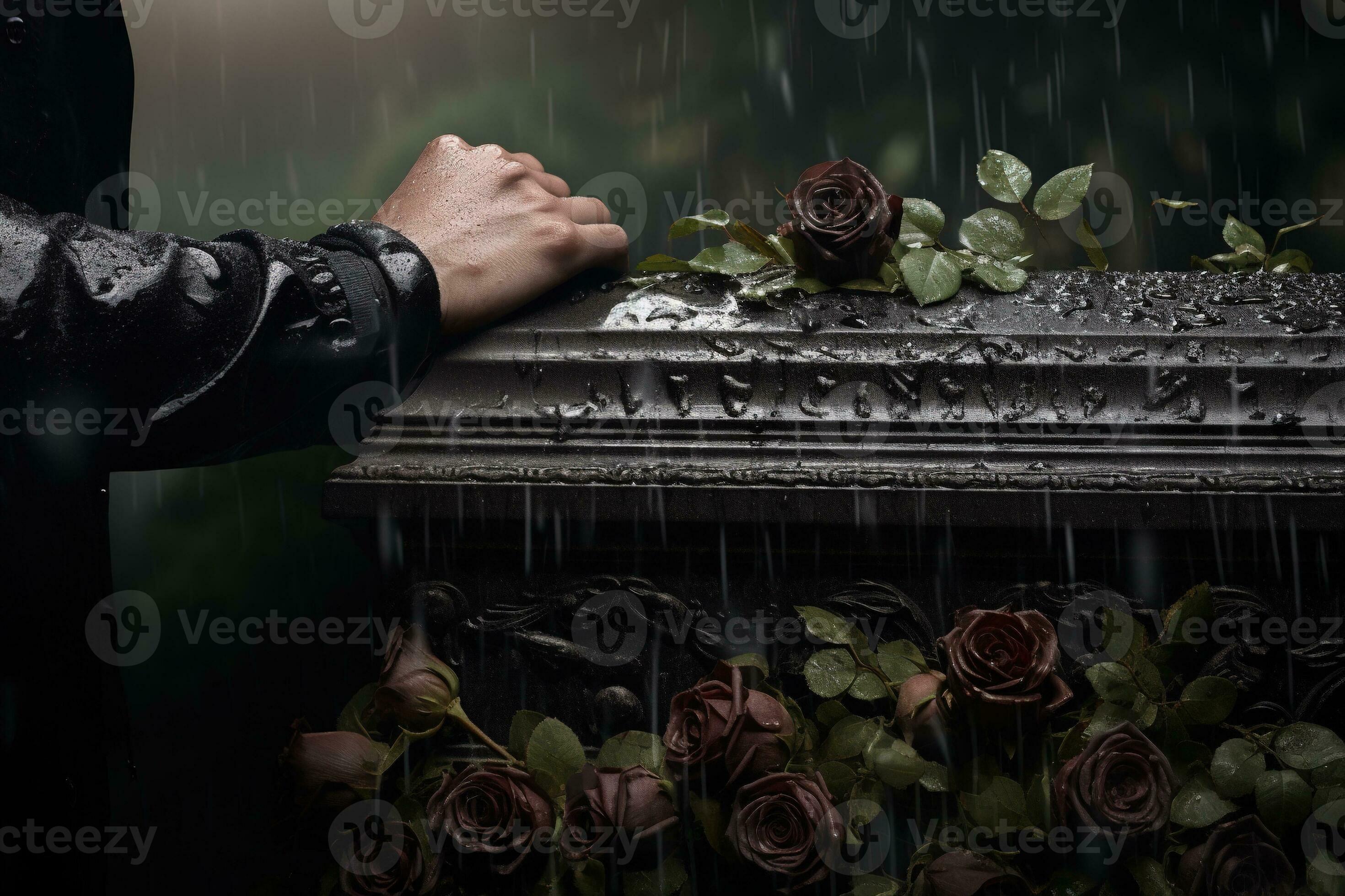 closeup of a funeral casket at a cemetery with flowers in the rain,hand