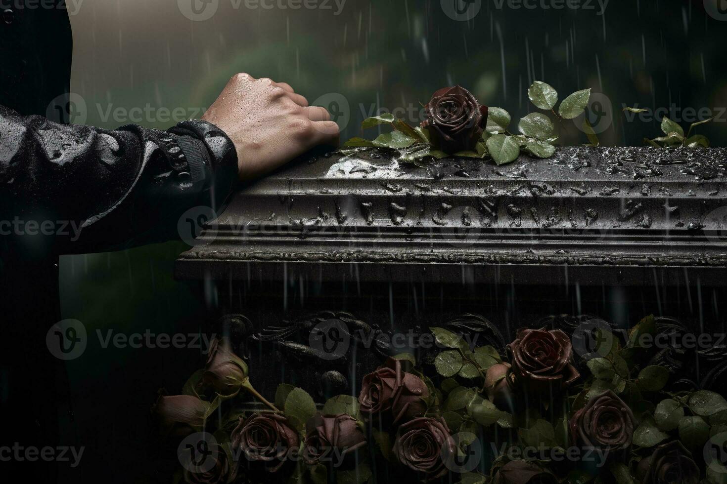 closeup of a funeral casket at a cemetery with flowers in the rain,hand on the grave in the rain with dark background and rose AI generated photo
