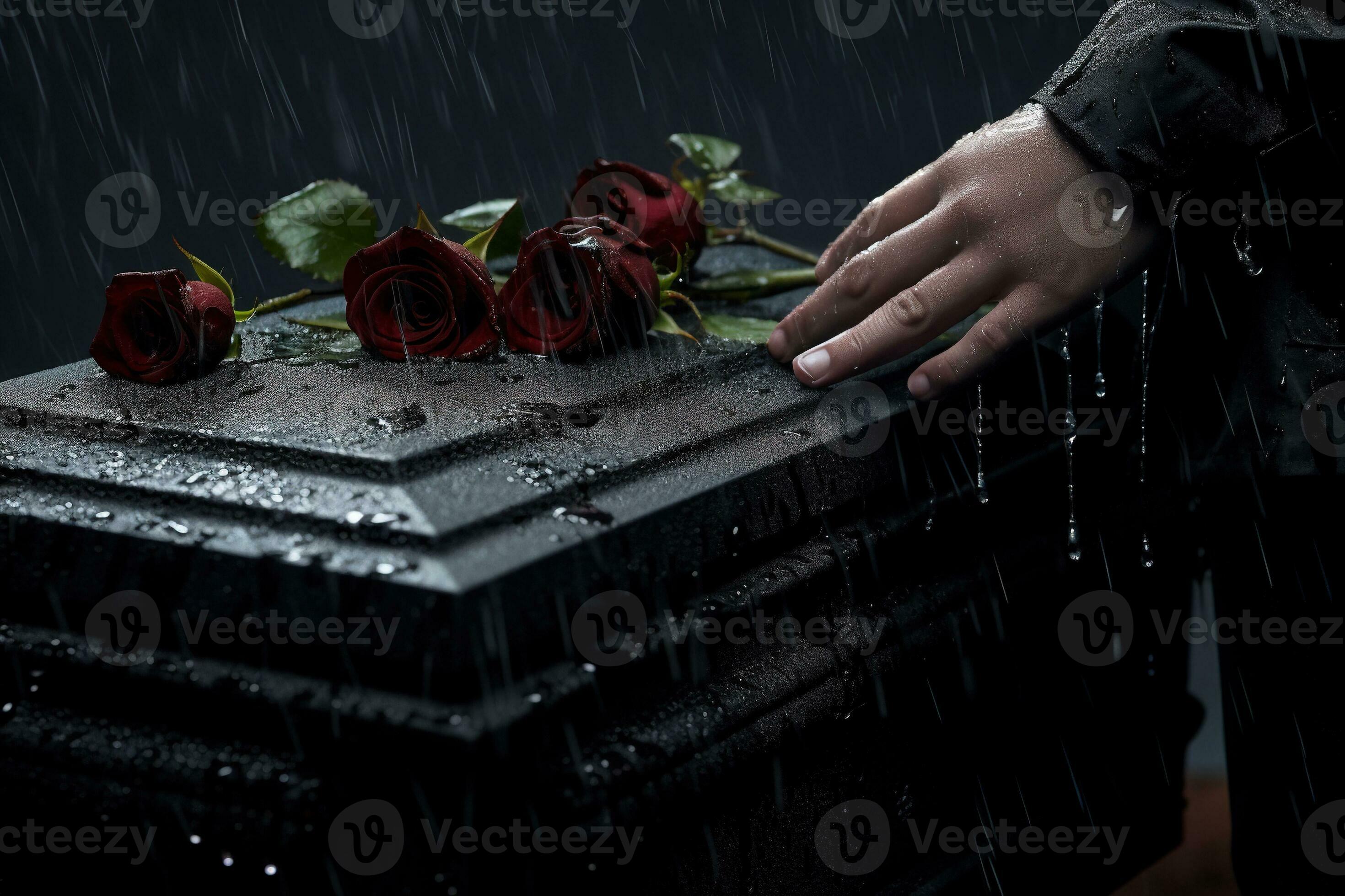 closeup of a funeral casket at a cemetery with flowers in the rain,hand