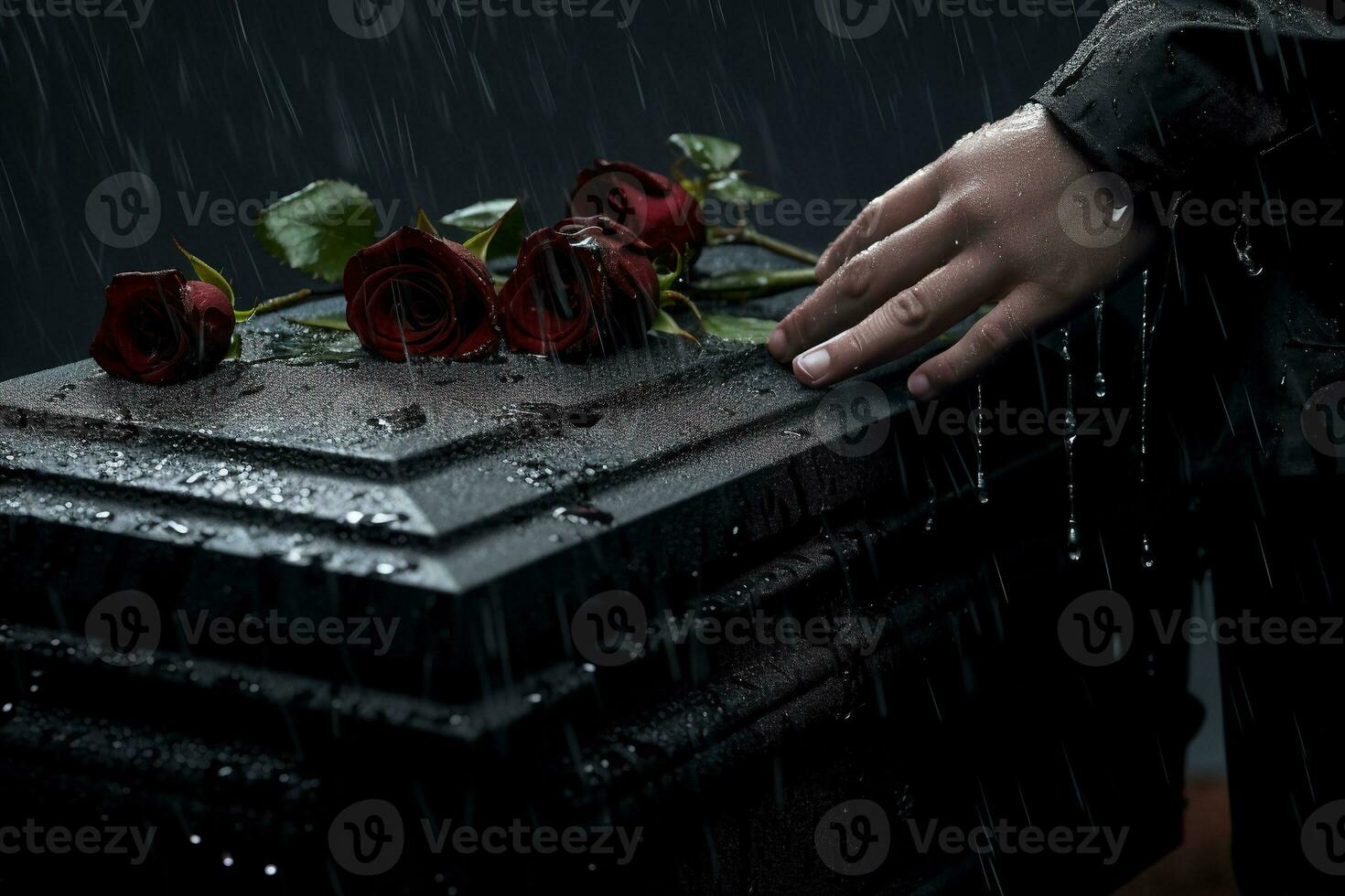 closeup of a funeral casket at a cemetery with flowers in the rain,hand on the grave in the rain with dark background and rose AI generated photo