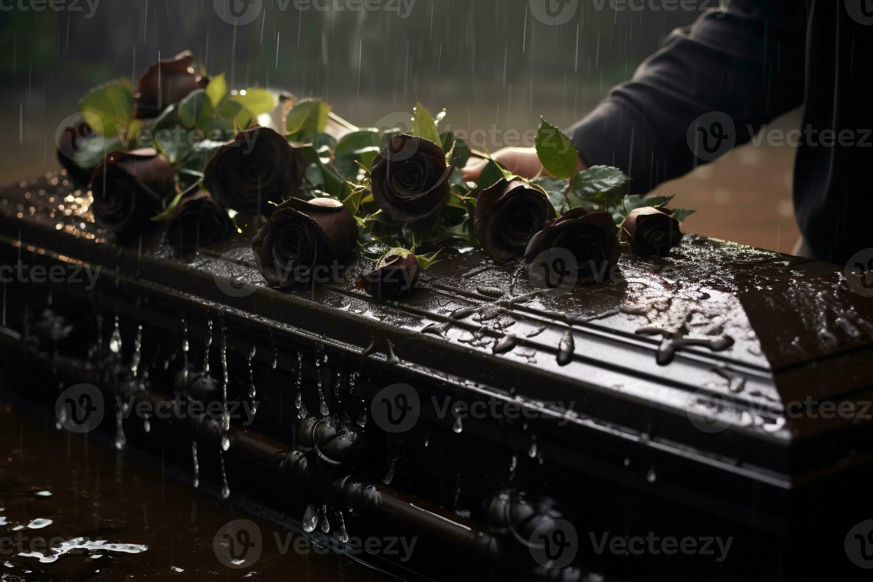 closeup of a funeral casket at a cemetery with flowers in the rain,hand