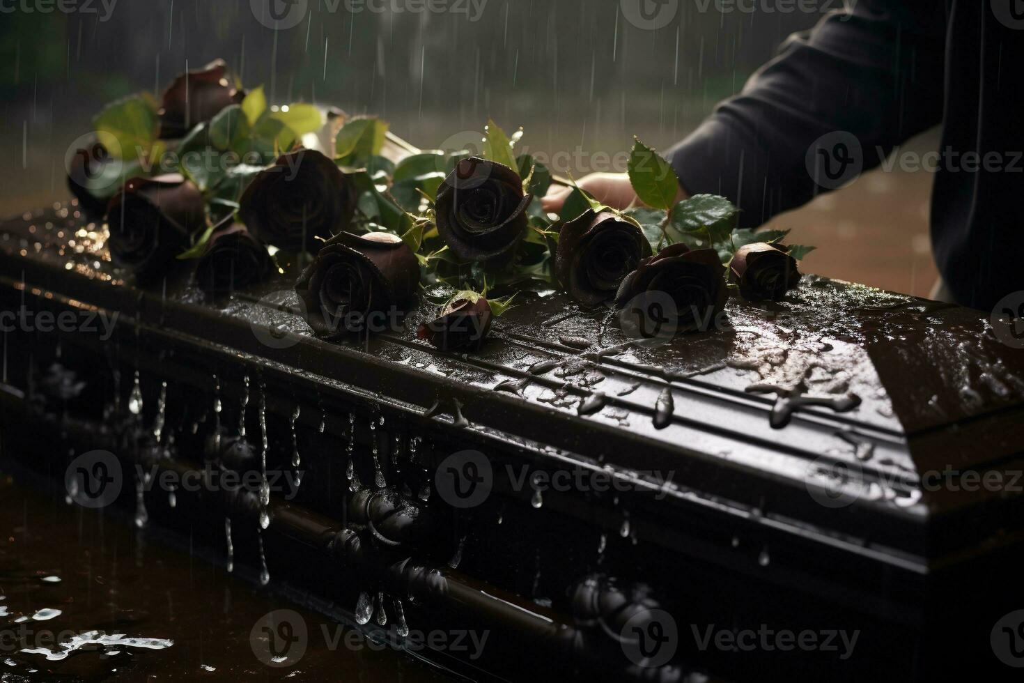 de cerca de un funeral ataúd a un cementerio con flores en el lluvia, mano en el tumba en el lluvia con oscuro antecedentes y Rosa ai generado foto