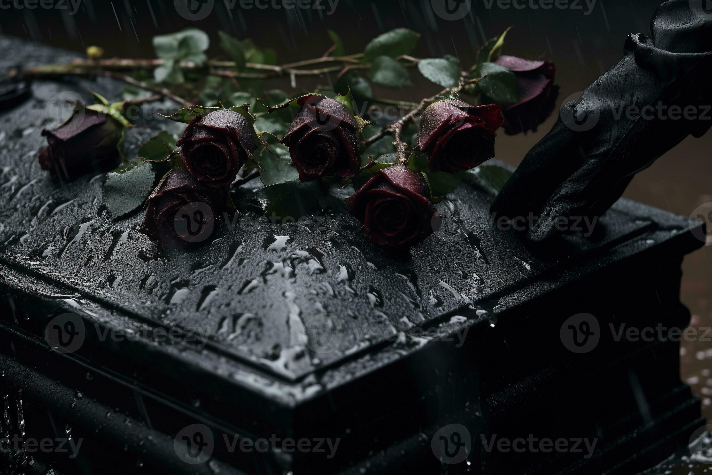 closeup of a funeral casket at a cemetery with flowers in the rain,hand