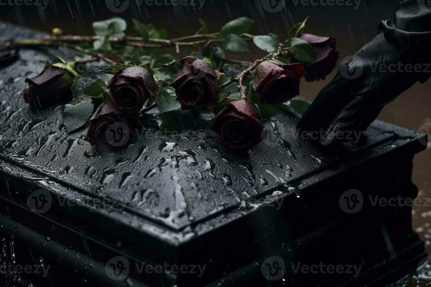 closeup of a funeral casket at a cemetery with flowers in the rain,hand on the grave in the rain with dark background and rose AI generated photo